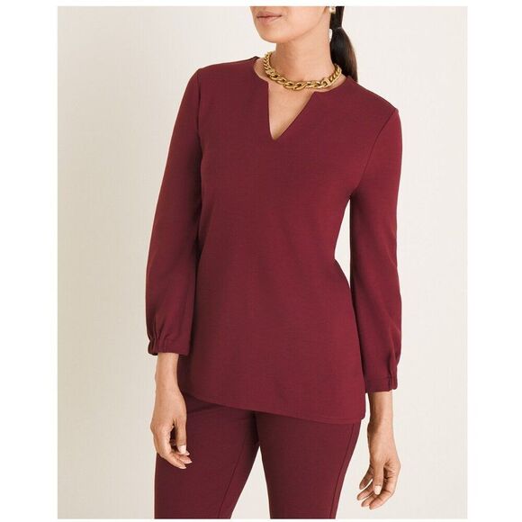 Chico's Top Size 2 Large Burgundy Ponte Knit Tucked Sleeve - Picture 1 of 9